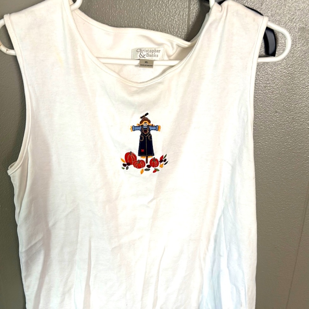 Christopher & Banks White Tank with Embroidered Scarecrow